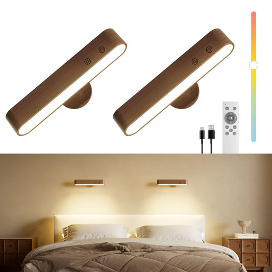 Rechargeable Wall Sconces Set of Two, Walnut Wood Battery Operated Wall Sconce, Magnetic
