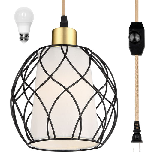 Cinkeda Plug in Pendant Light, Black Farmhouse Hanging Lights with Linen Shade, 15ft
