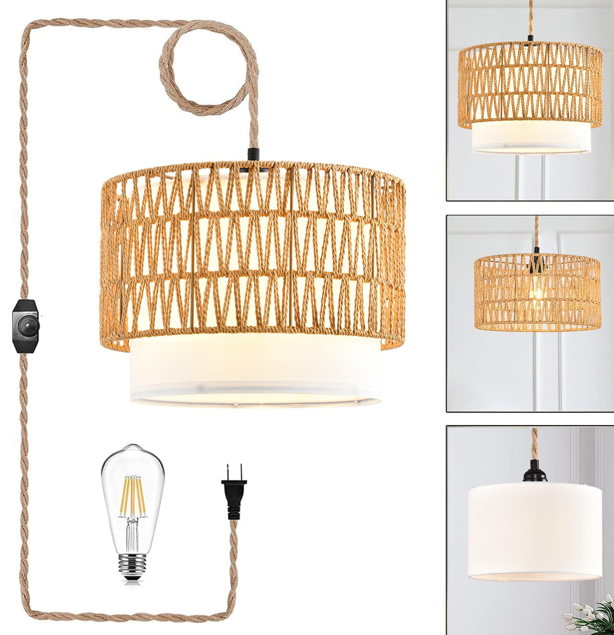 Boho Plug in Pendant Light Rattan Hanging Lights with Plug in Cord,Indoor Hanging Lamp