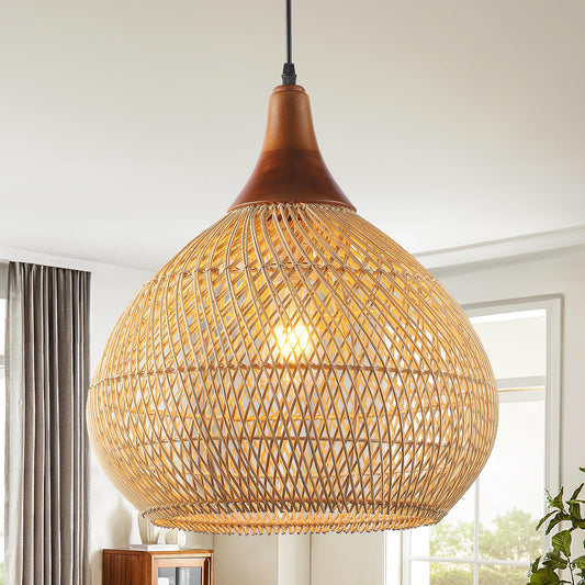Rattan Pendant Light, 15.7" Rattan Chandelier Hand-Woven Boho Pendant Light Fixtures with