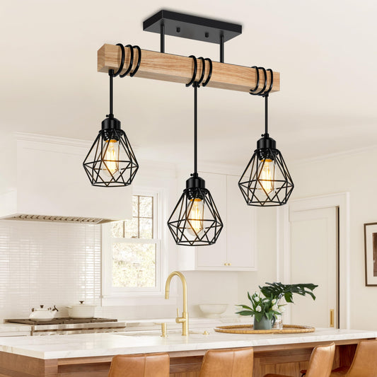 3-Lights Farmhouse Dining Room Pendant Light Fixtures Over Table, Rustic Solid Wood
