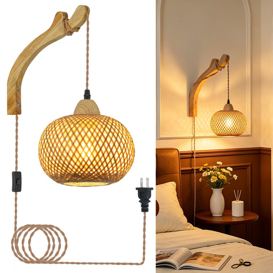 Frideko Bamboo Lantern Plug in Wall Sconces Wicker Wall Lamp with Plug in Cord Hand Woven