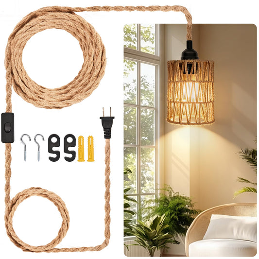 Hanging Lamp with On/Off Swith and 15ft Hemp Rope. Plug in Pendant Light with Cylinder