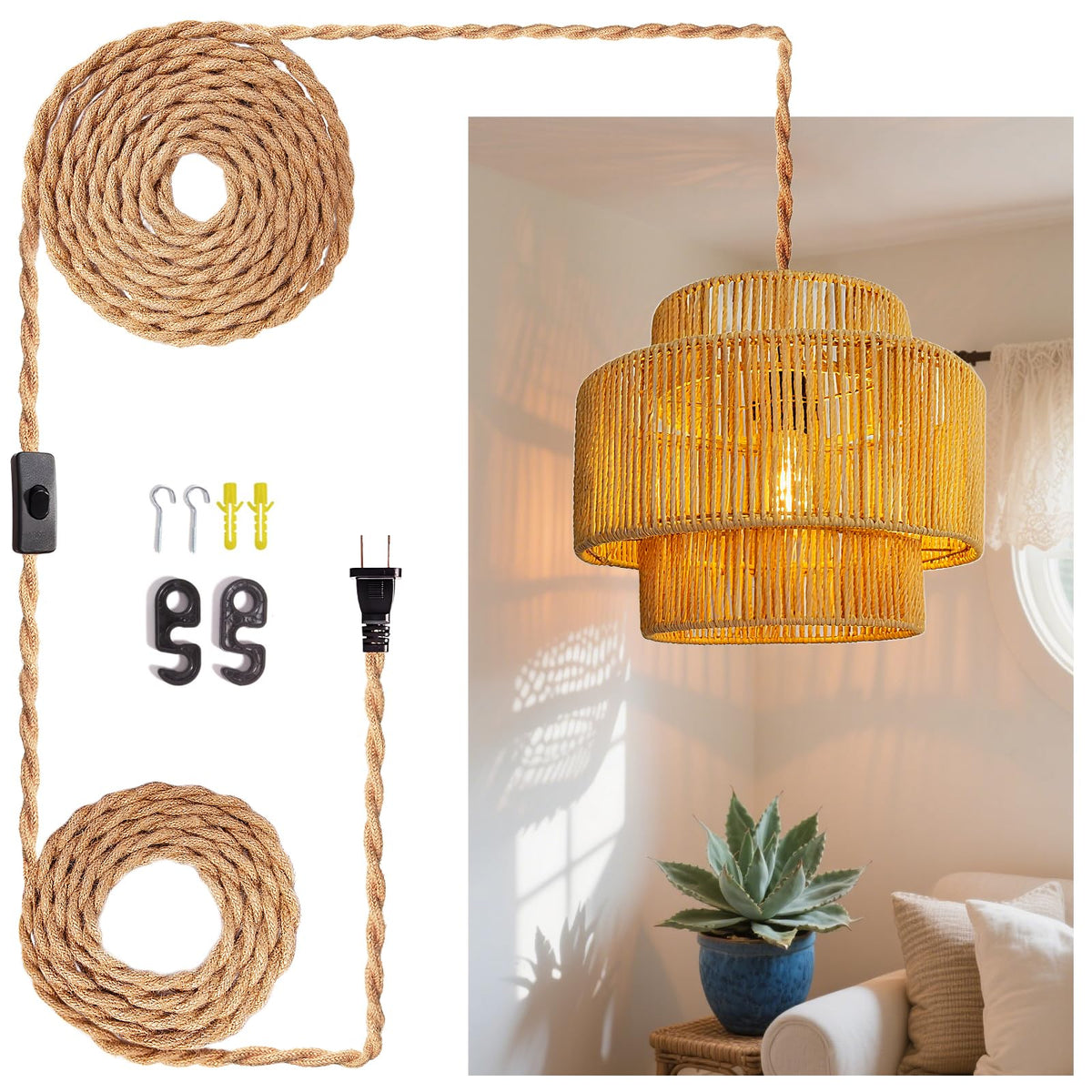 Hanging Light Ceiling Lamp Pendant Lights Rattan Hanging Lamp with Plug in Cord for