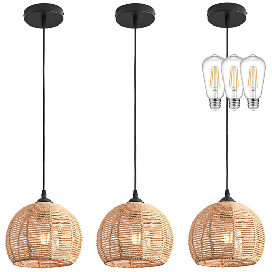3 Pack Wicker Pendant Light Natural Woven Pendant Light Boho Chandelier Light Fixture