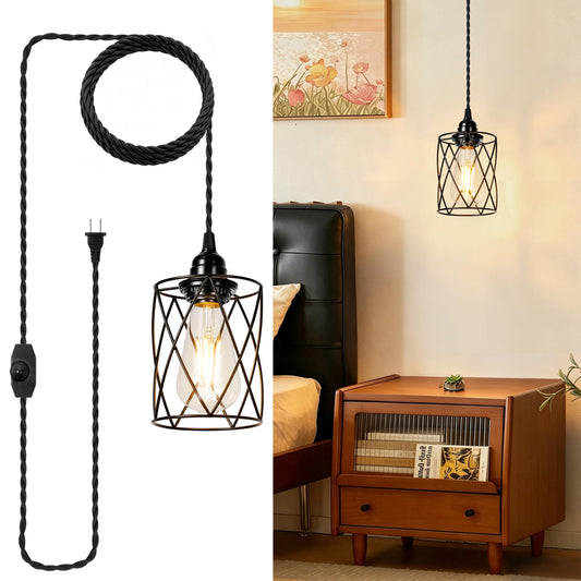 1-Pack Plug in Pendant Light, 15FT Hanging Lights with Plug in Cord, Dimmable Black