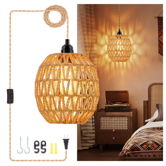 Plug in Pendant Light - Boho Rattan Hanging Lamp with 15ft Hemp Rope Cord