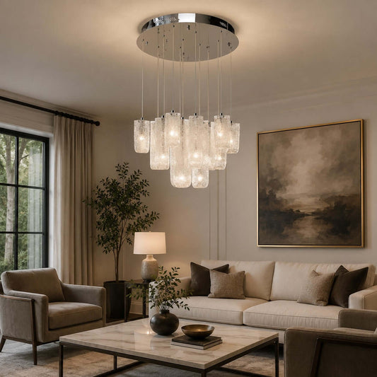 Modern Suspended Textured Glass Chandelier