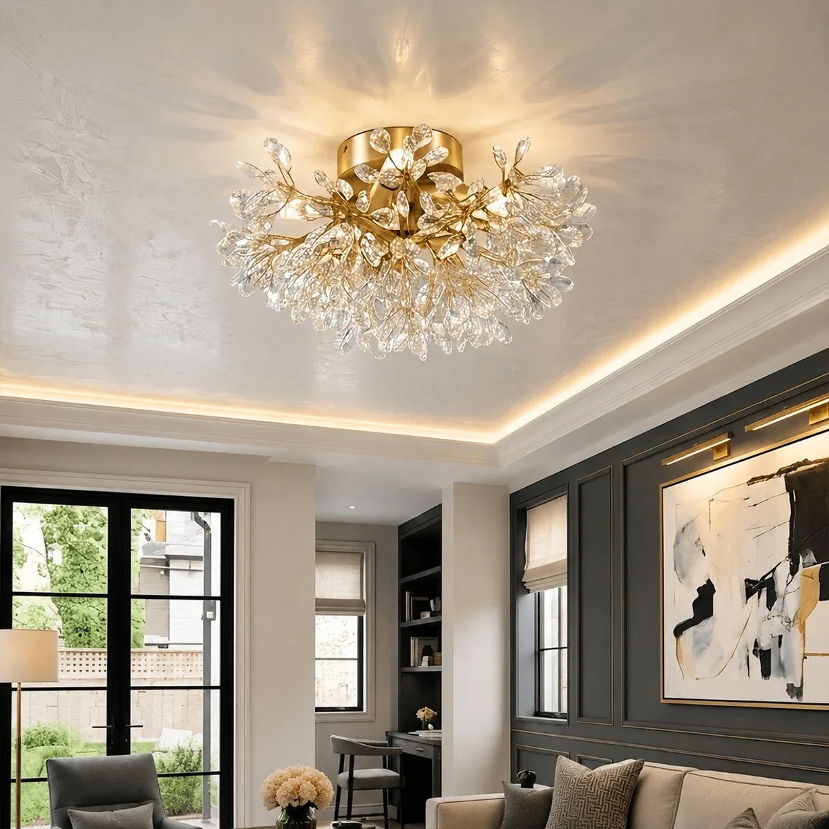 French Semi-Flush Brass Crystal Ceiling Light – Crystal detail 3