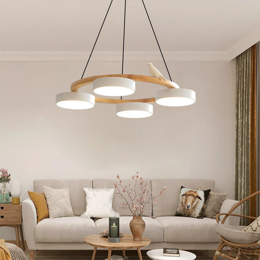 Round Wood Chandelier with Bird Accents for Living Room