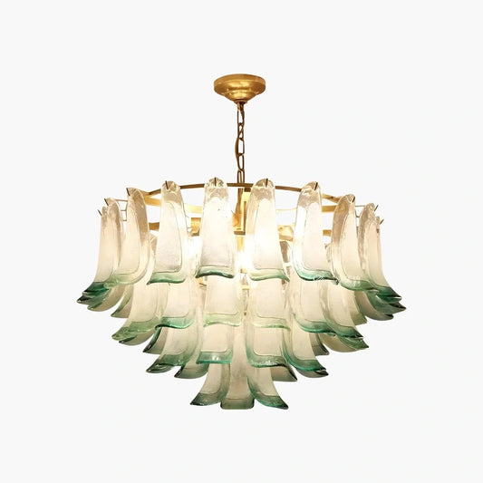 Gold Tiered Green Glass Chandelier for High Ceiling