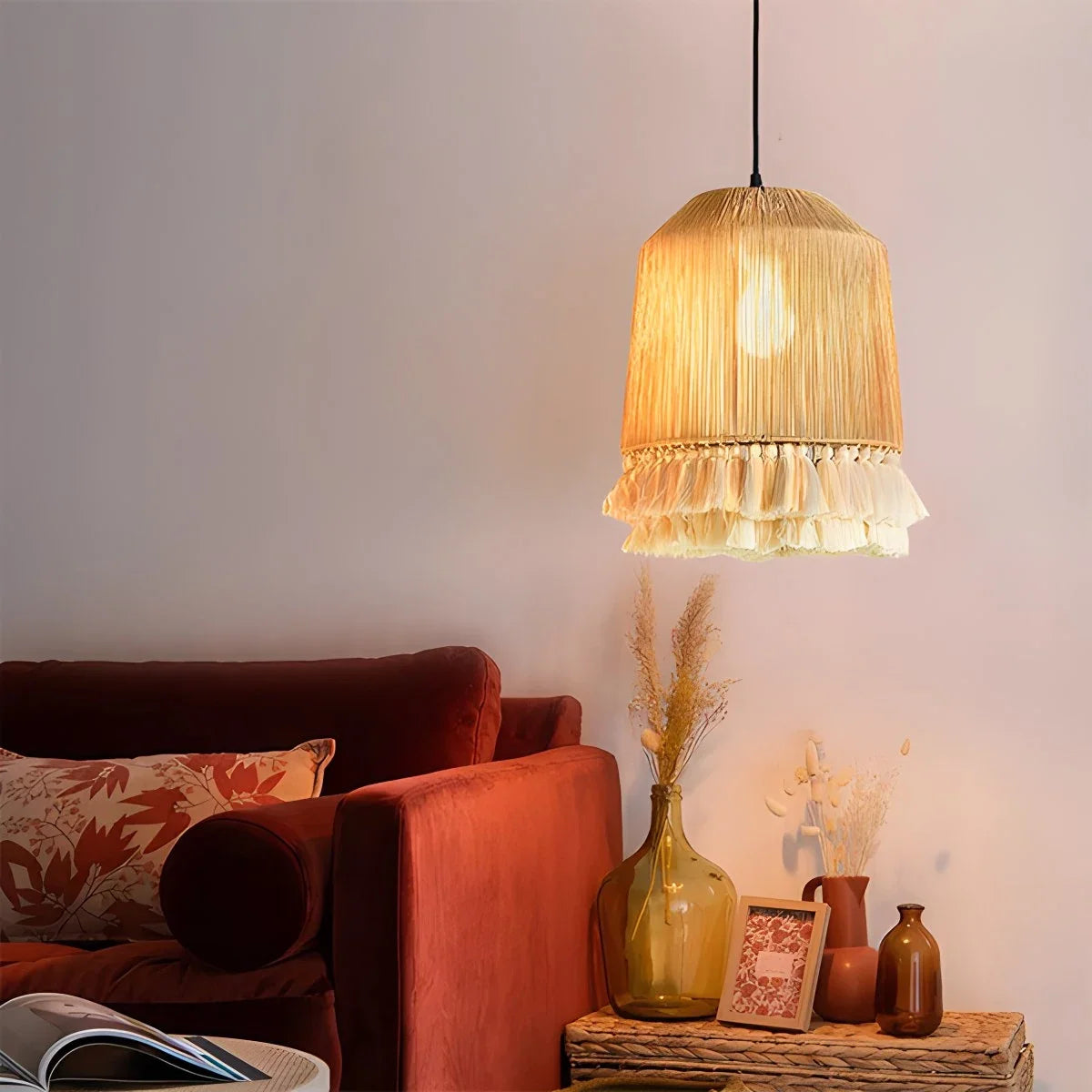 Boho Vintage Twine Fringe Pendant Light – detail 7