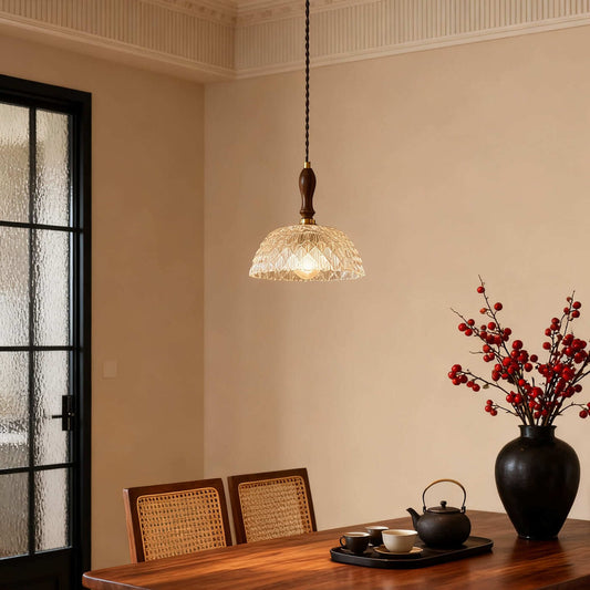 French Walnut Wood Glass Pendant Light