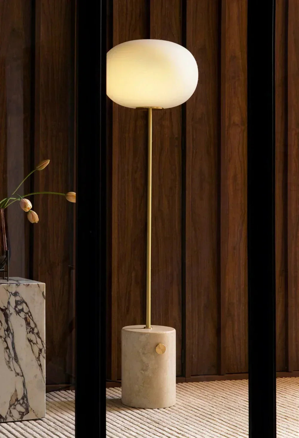 Pillar Lumina Glass Orb Travertine Floor Lamp – Travertine detail 6