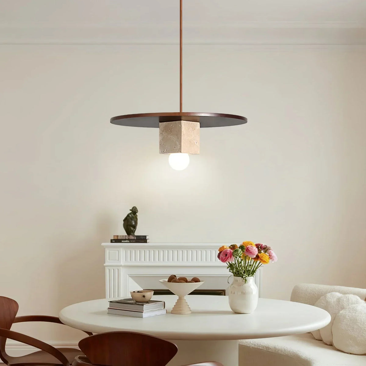 Round Wood Square Travertine Pendant Light – Travertine detail 2