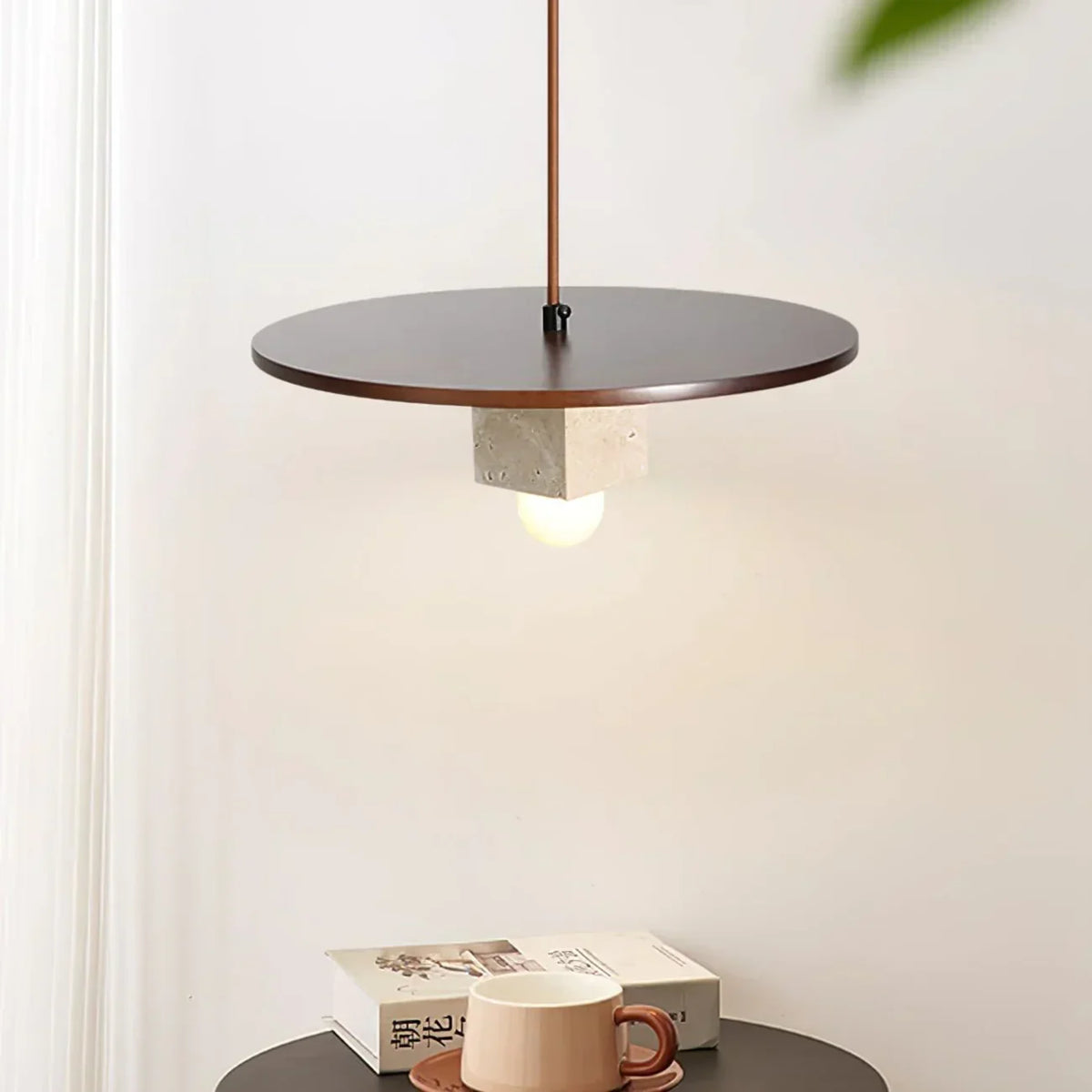 Round Wood Square Travertine Pendant Light – Travertine detail 3