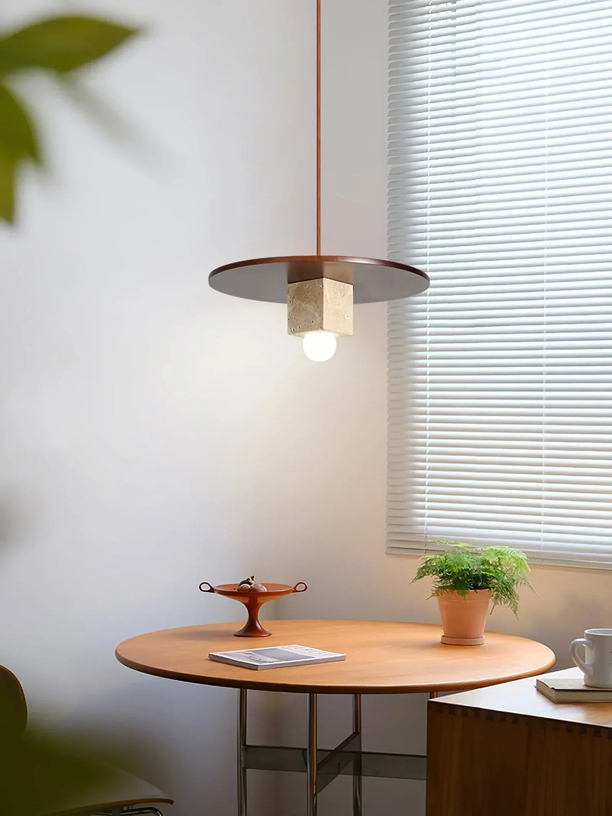 Round Wood Square Travertine Pendant Light – Travertine detail 4