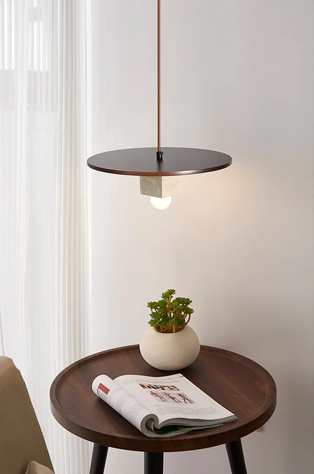 Round Wood Square Travertine Pendant Light – Travertine detail 6