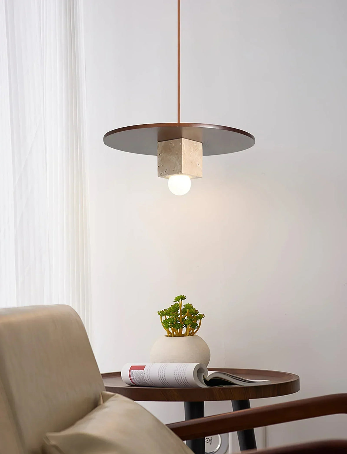 Round Wood Square Travertine Pendant Light – Travertine detail 5