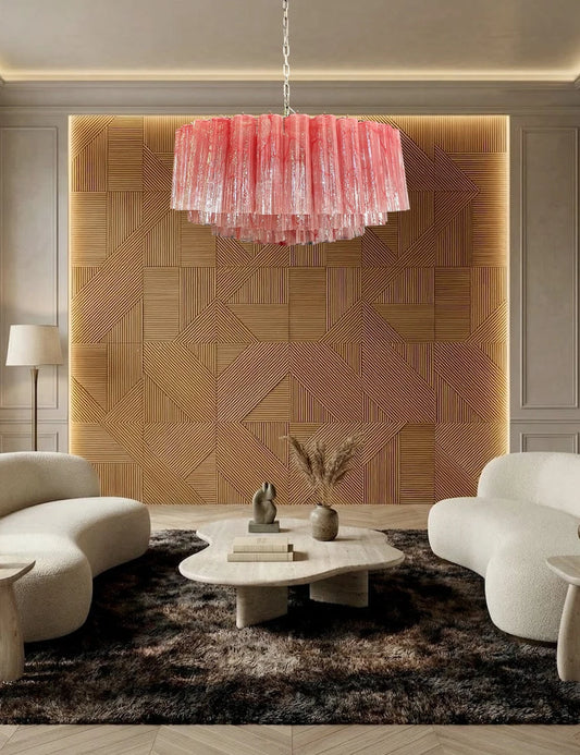 Textured Pink Glass Collection Round Dimming LED Chandelier