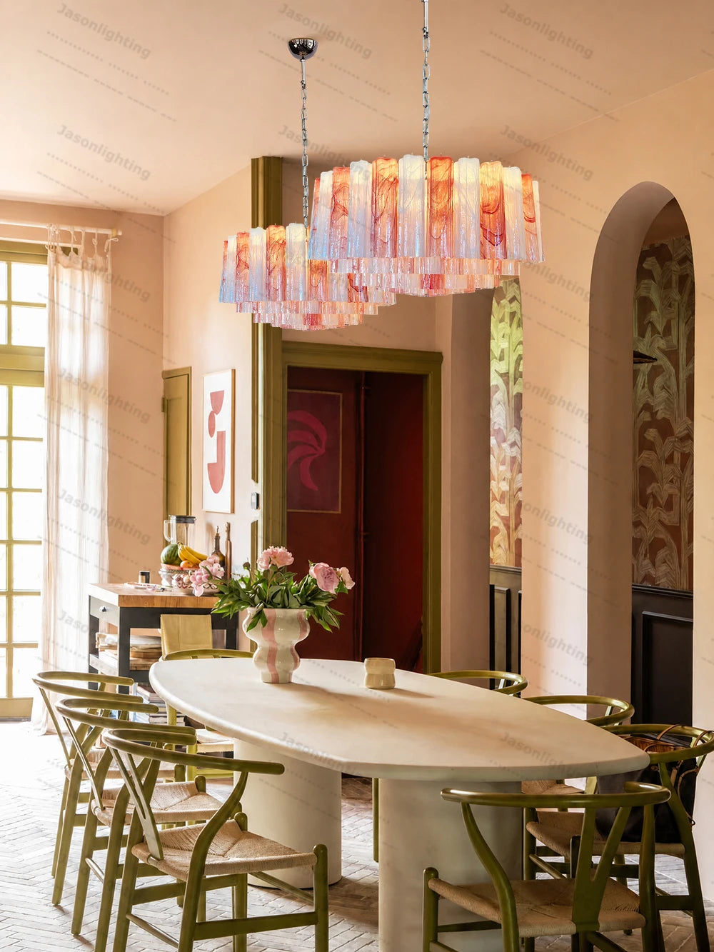 Pink Childhood Glass Art Round Gold Chrome Chandeliers