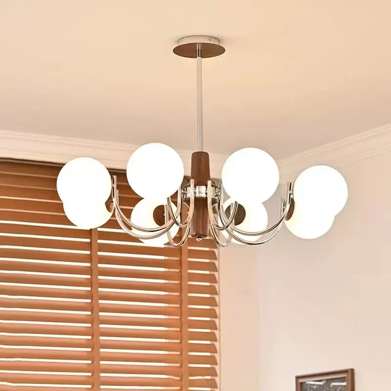 Glass Globe E27 Chandelier Living Room Wood Pendant
