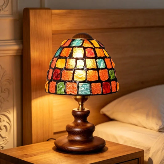 Colorful Glass Lampshade Table Lamp Browm Wood Base E27 Bulb
