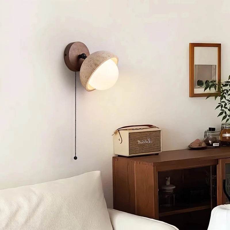 Dark Wood Base LED Wall Lamp Real Stone Vintage Sconce