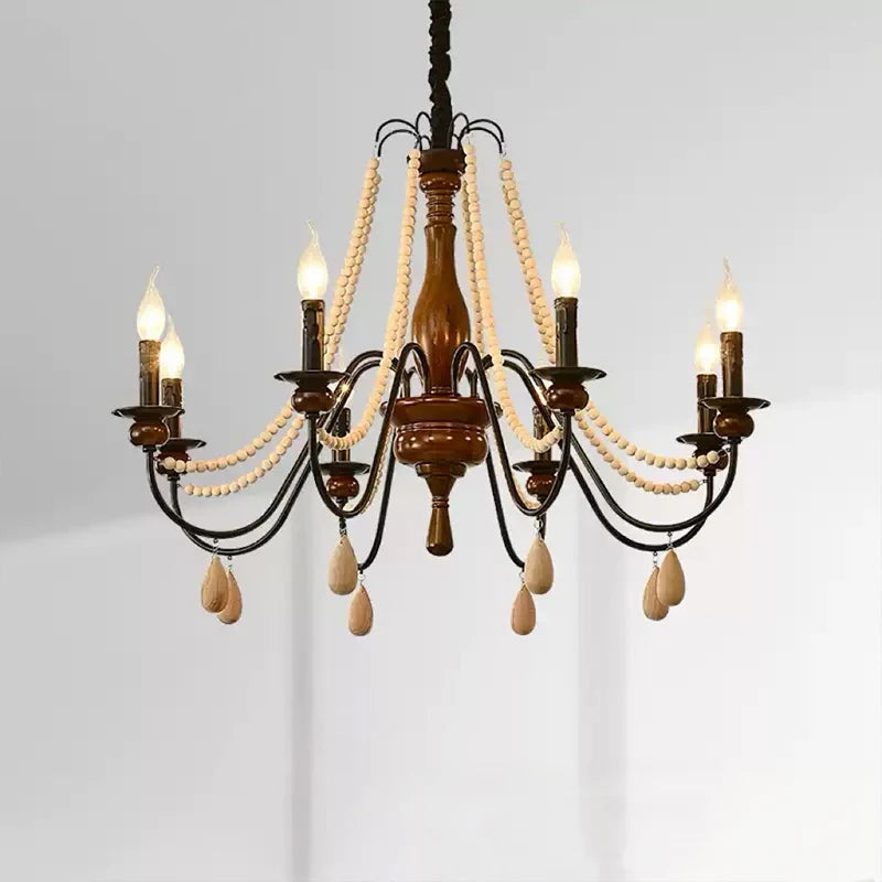 American Retro Wood Candle E27 Chandelier French