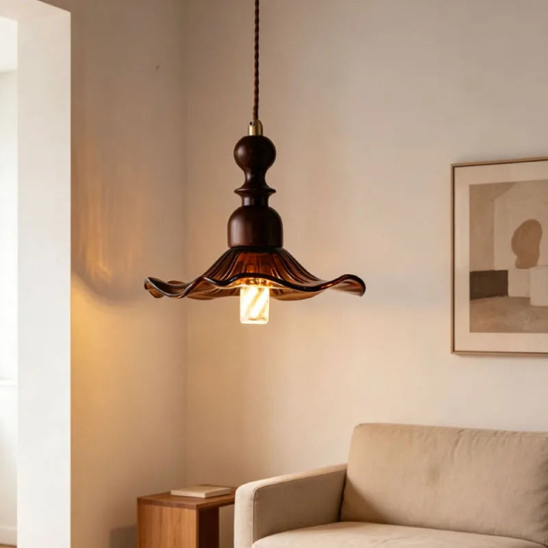 Glass Pendant Lamp Brown Wood
