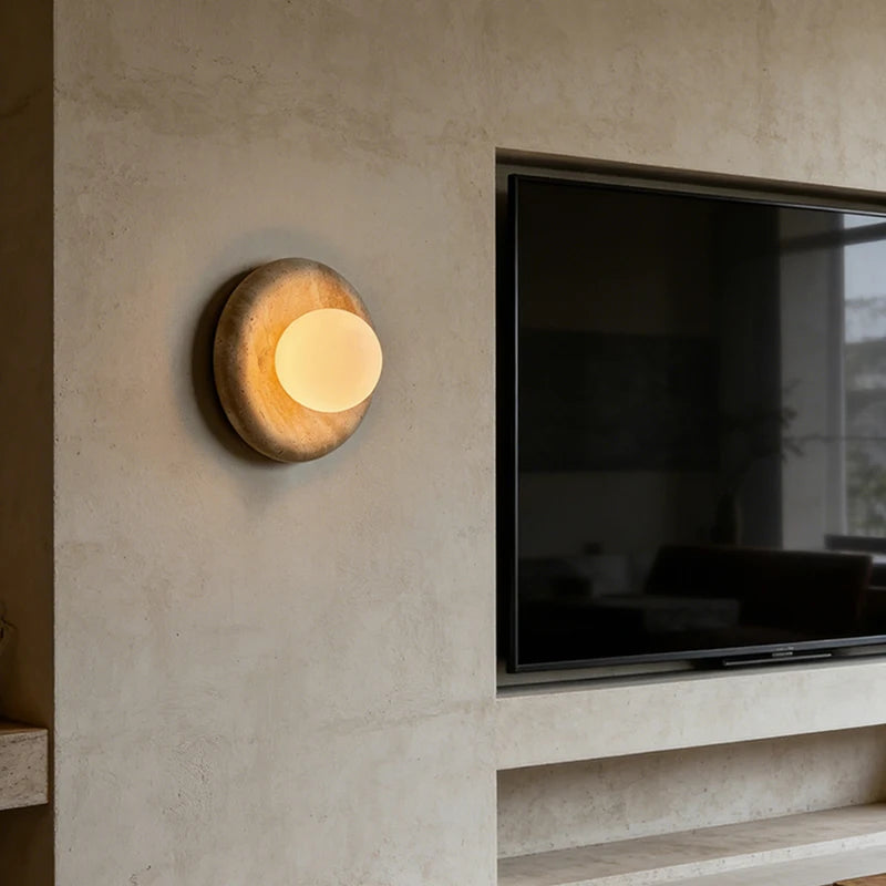Round Real Stone Wall Light White Glass G9 Bulb Indoor