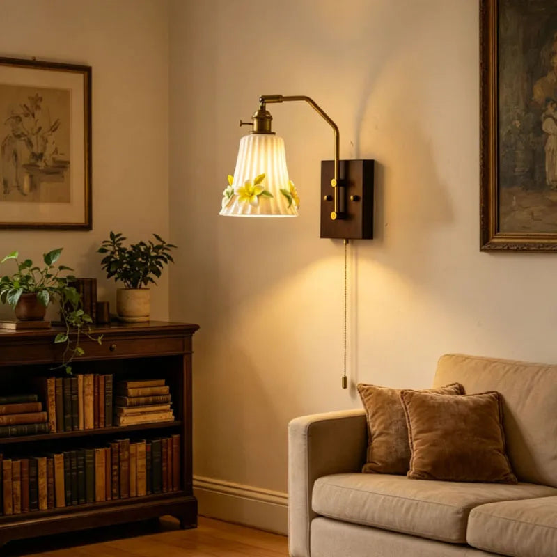 White Ceramic Wall Light Flower Wood Base Switch E27 Bulb