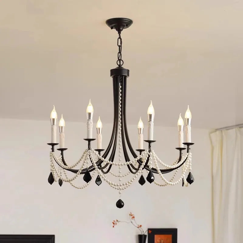 American Retro Candle Chandelier Living Room Black Metal E14