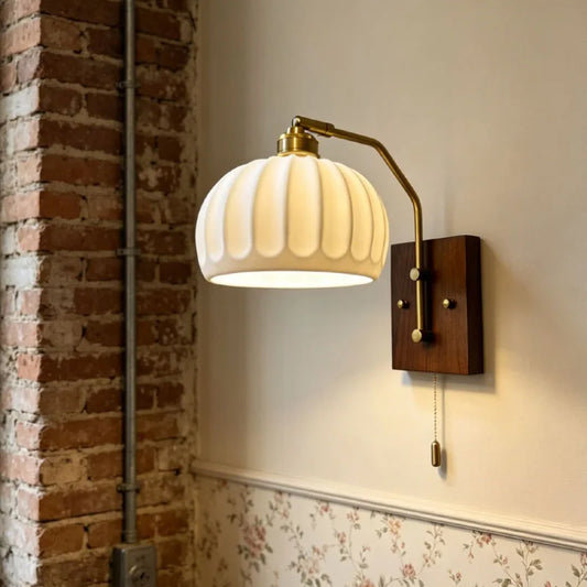 White Ceramic Lampshade Wall Lamp E27 Bulb Wood Base