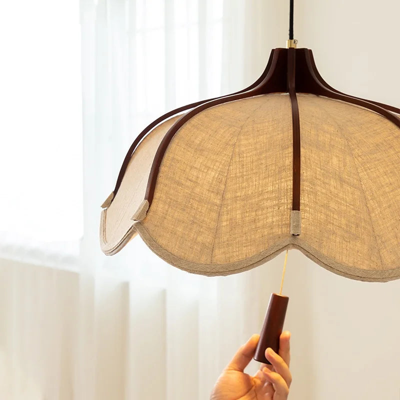 Chinese Wood E27 LED Fabric Pendant Lights Dining Room Drop
