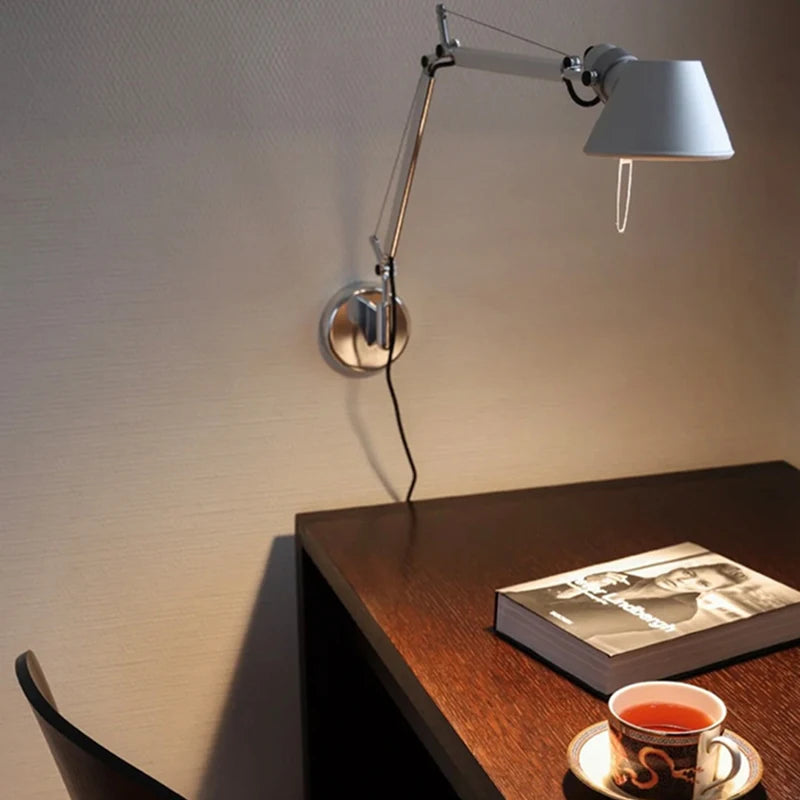 Long Arm Wall Lamp Silver Black Metal E27 Bulb Switch