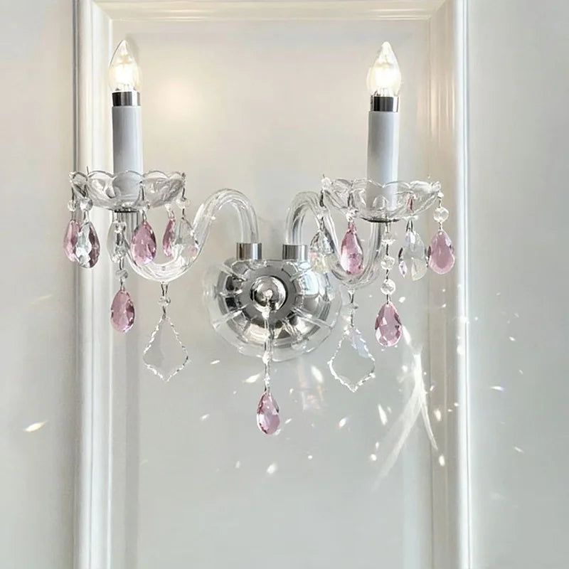 European Blue Pink Green Crystal Wall Lamp French Romantic