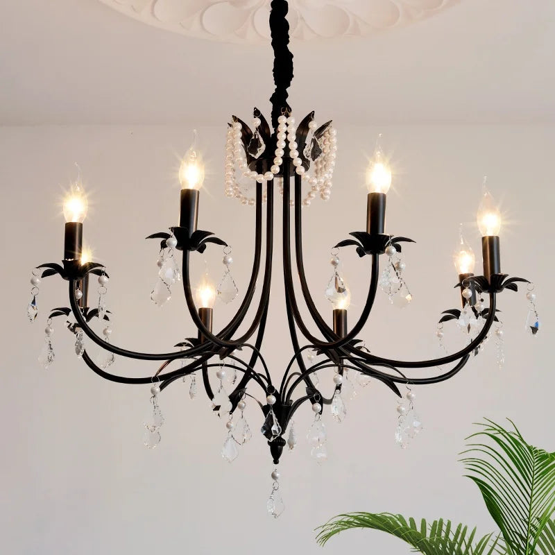 American Black E14 Crystal Pearl Chandelier French