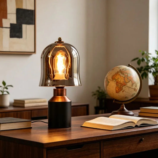 Black Brown Wood Table Lamp Amber Grey Glass E27 Bulb EU AU