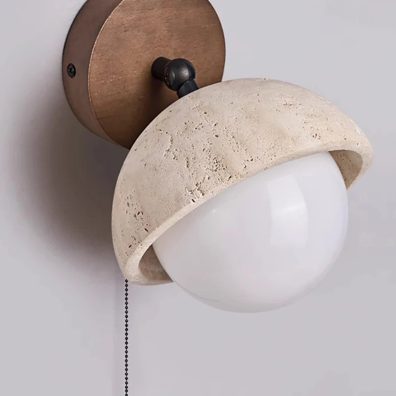 Dark Wood Base LED Wall Lamp Real Stone Vintage Sconce