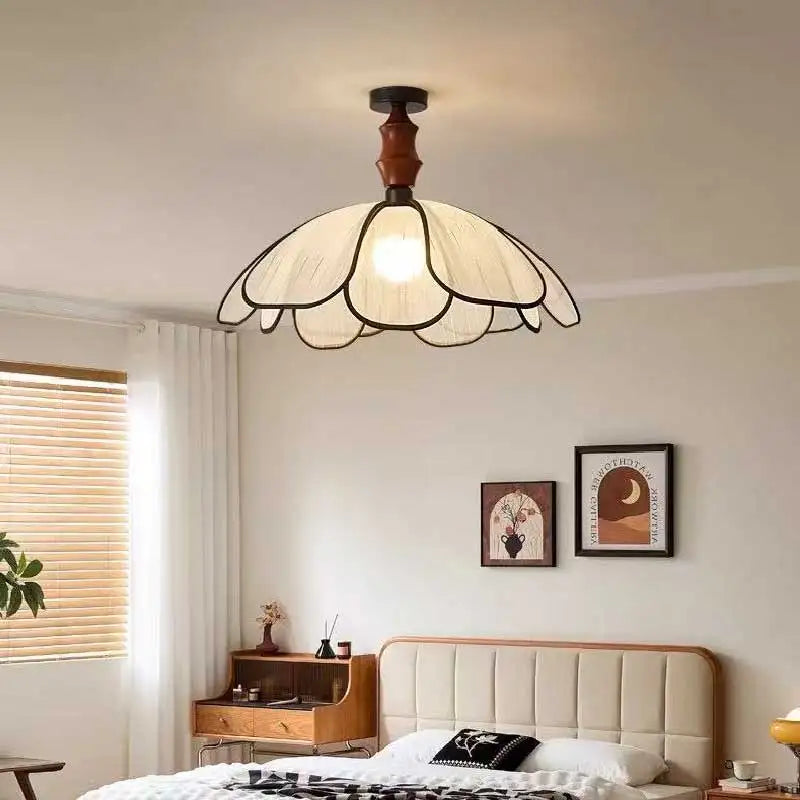 Bedroom French E27 Ceiling Light Abaca Oak Petal Mounted
