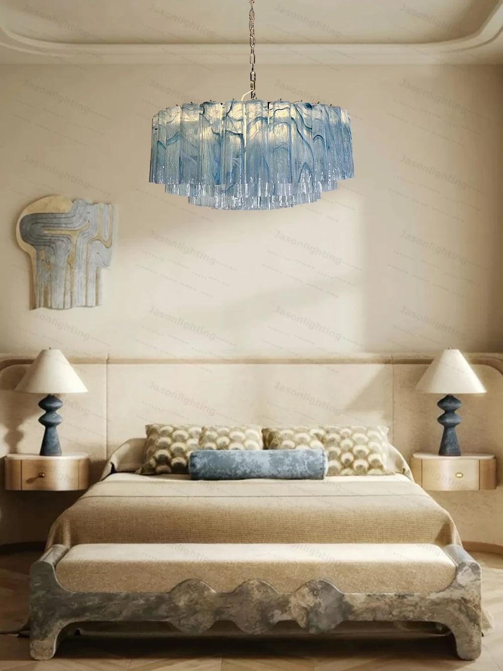 Home French Glass Art Round Dimmable LED Chandelier