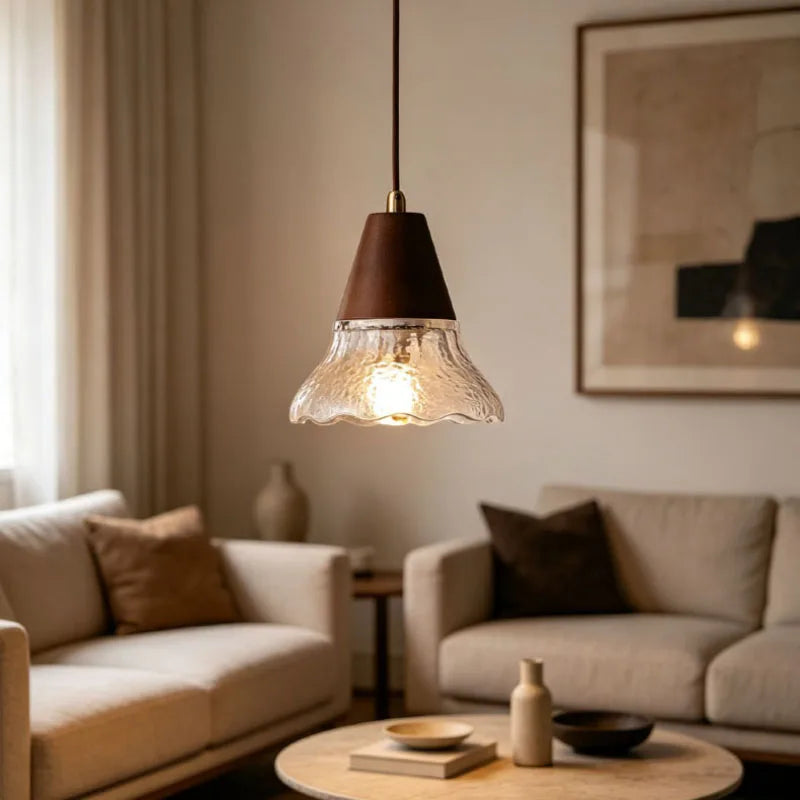 Glass Pendant Lamp Brown Wood