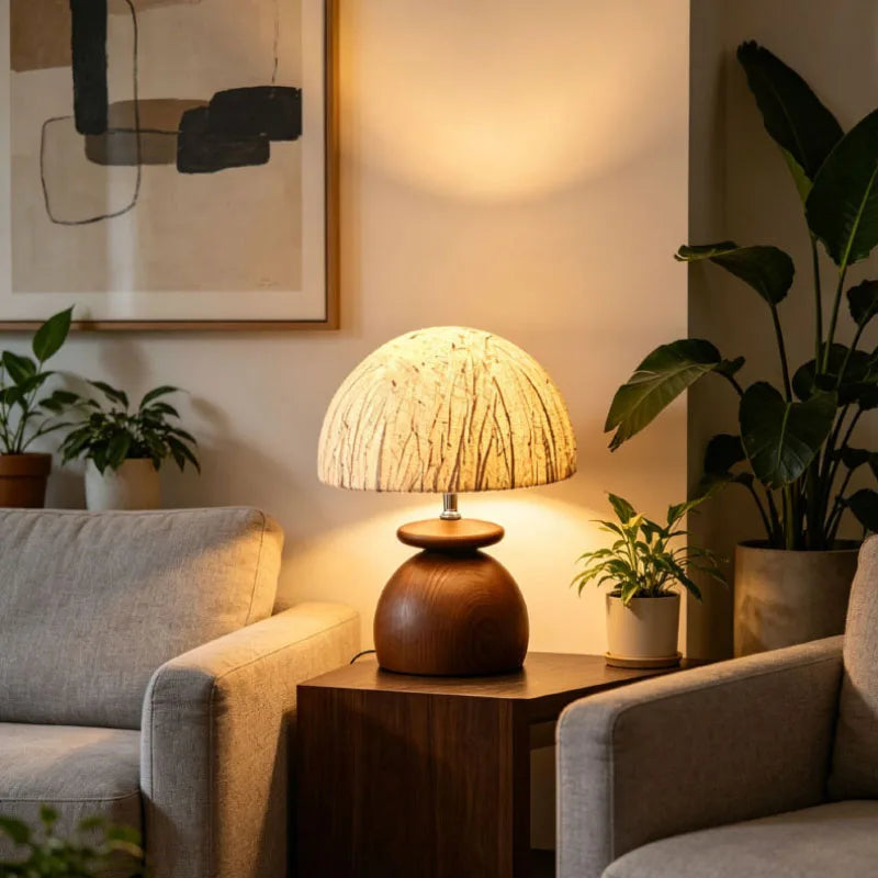 Paper Lampshade Table Lamp Brown Wood Base E27 Bulb Roon