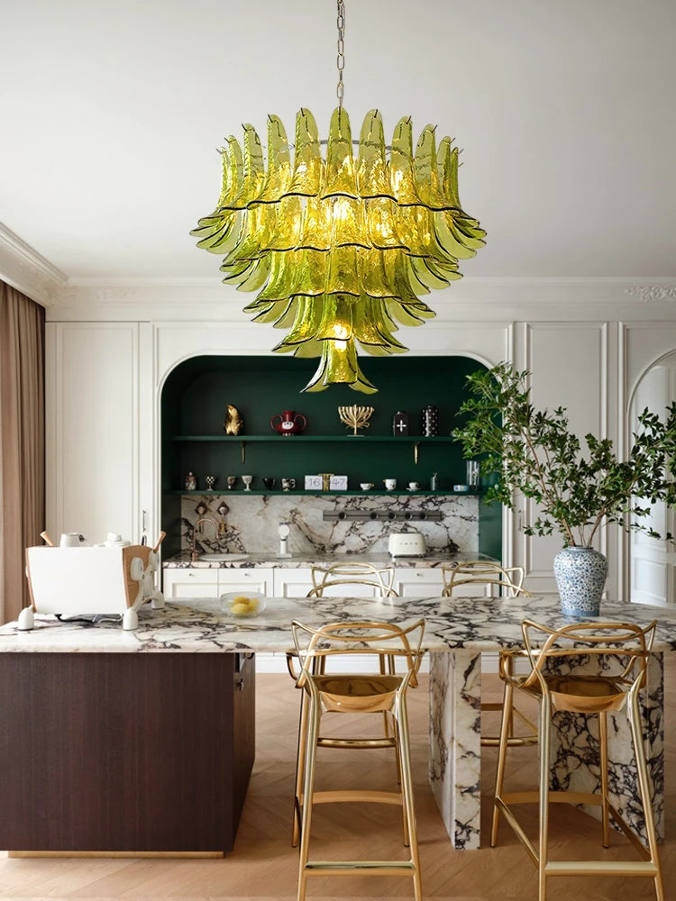 Spring Leaves Glass Tree Gold Chrome Black LED Chandelier