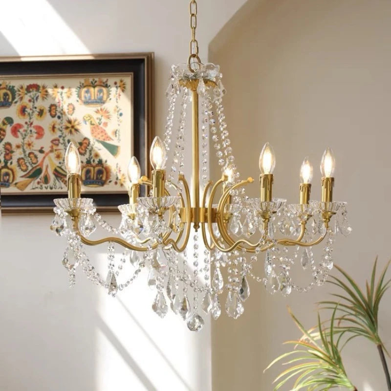 French Copper Candle LED E14 Chandelier Living Room Crystal