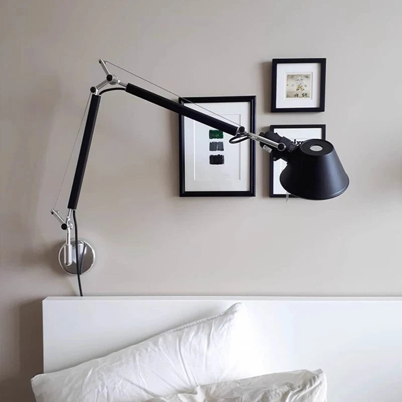 Long Arm Wall Lamp Silver Black Metal E27 Bulb Switch