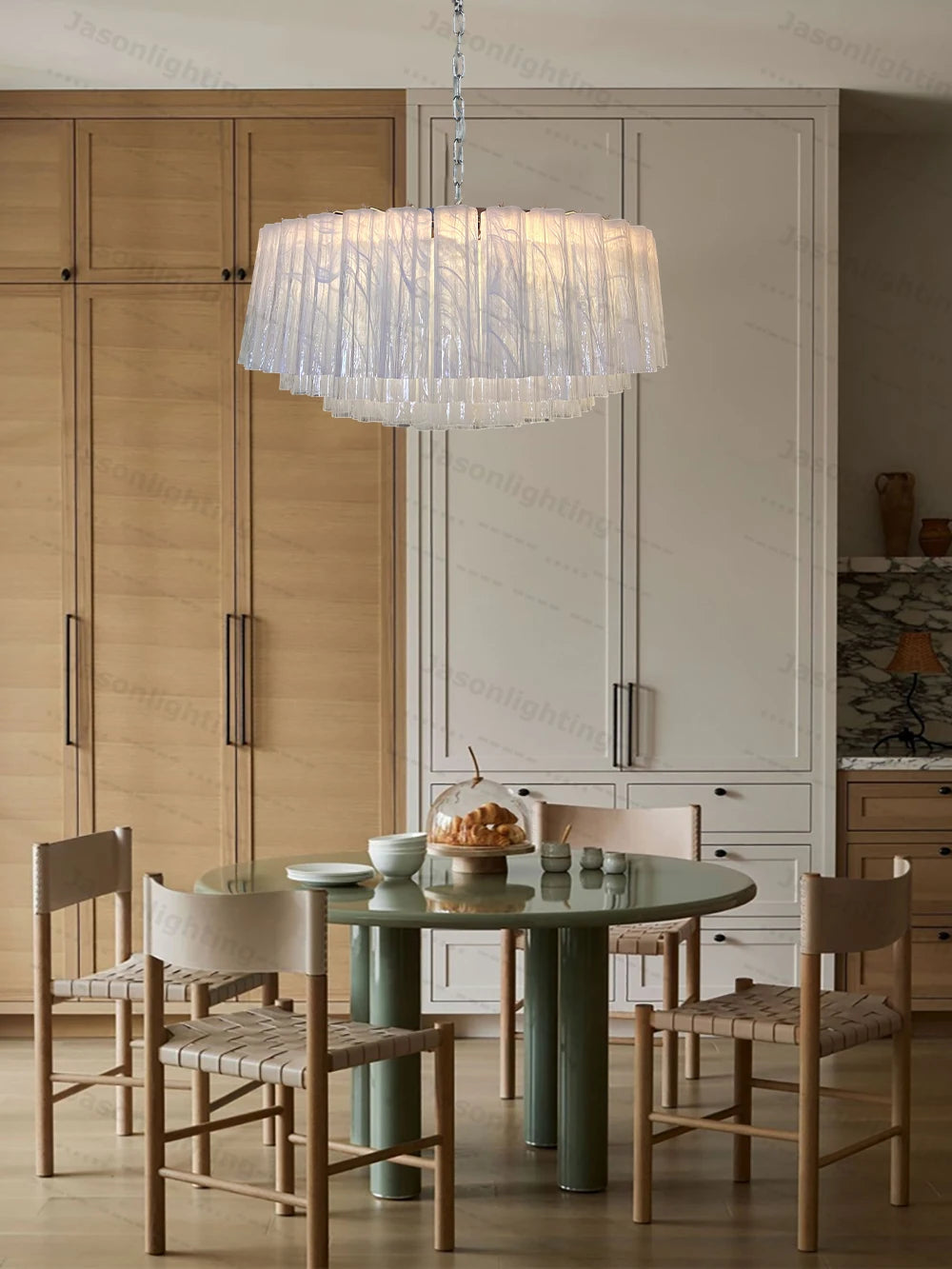 Home French Glass Art Round Dimmable LED Chandelier