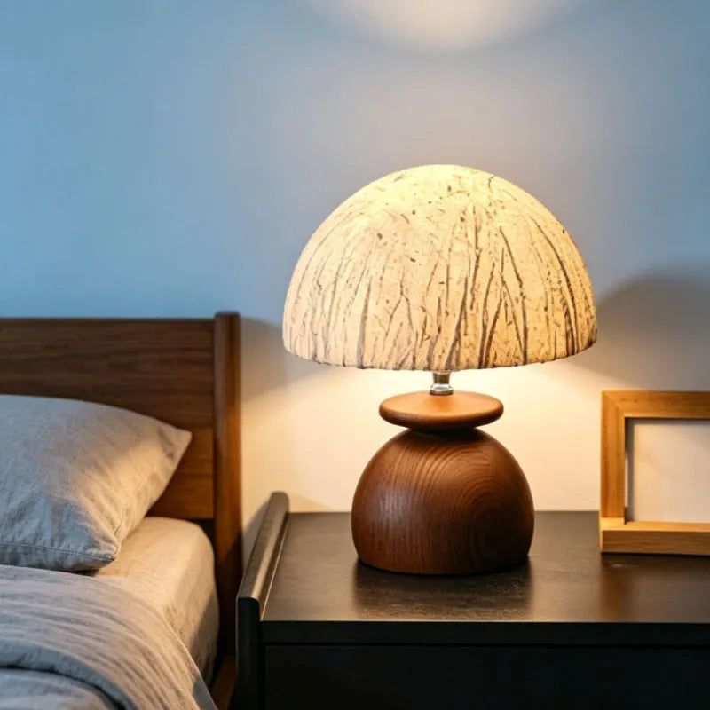 Paper Lampshade Table Lamp Brown Wood Base E27 Bulb For Roon