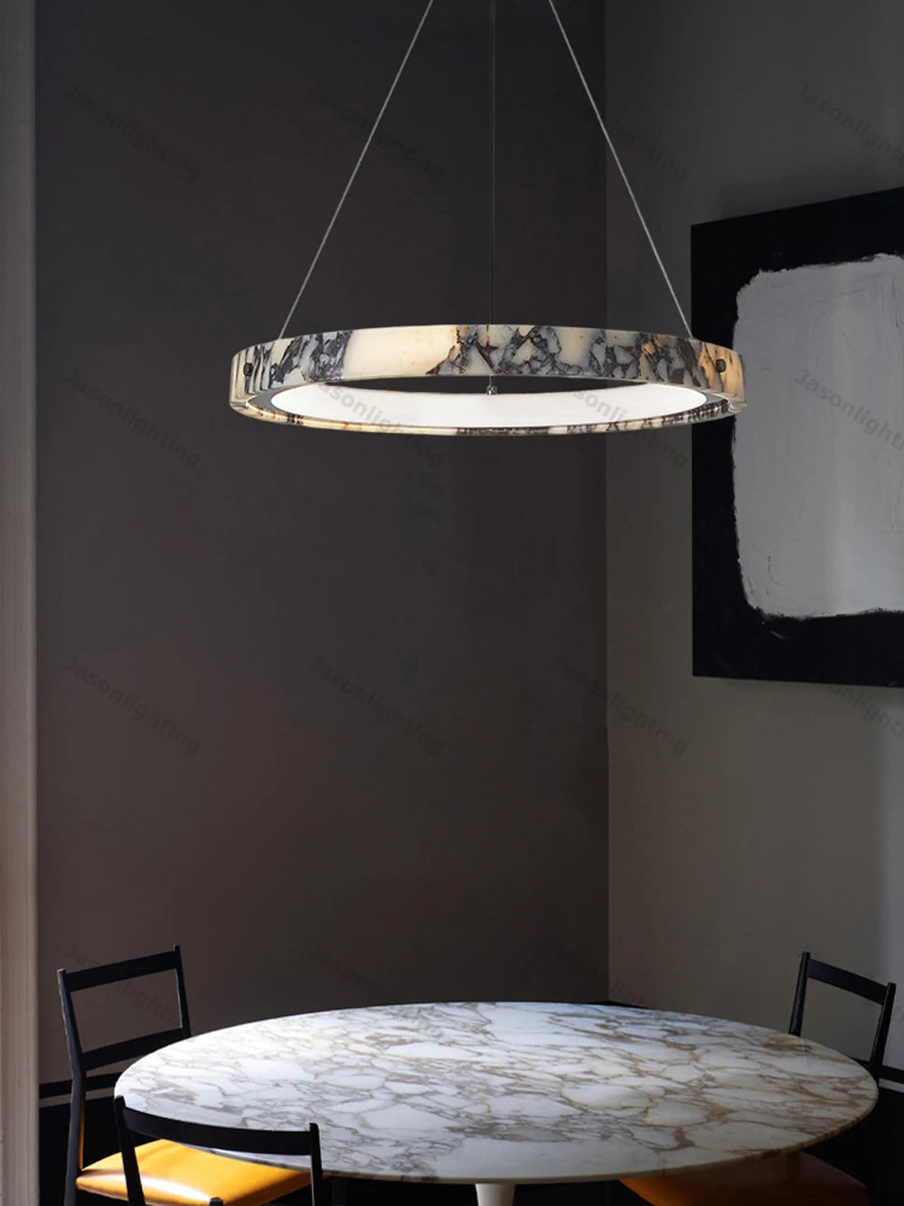 5-Ring Natural Marble Gold Chrome Dimmable LED Chandelier